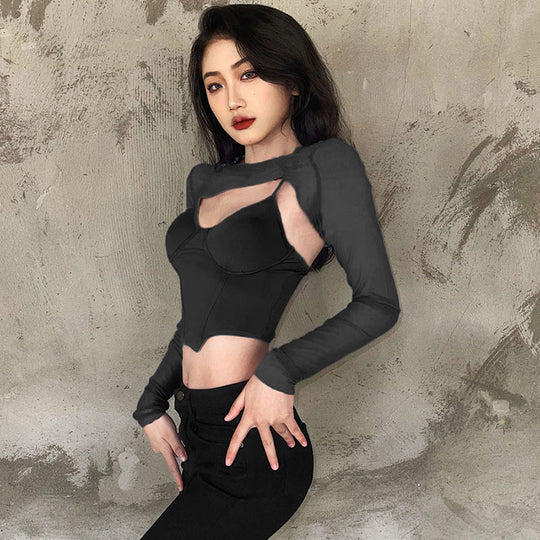 Damen Modisches Longsleeve Oberteil mit transparentem Material und integrierter Unterbruststütze EB