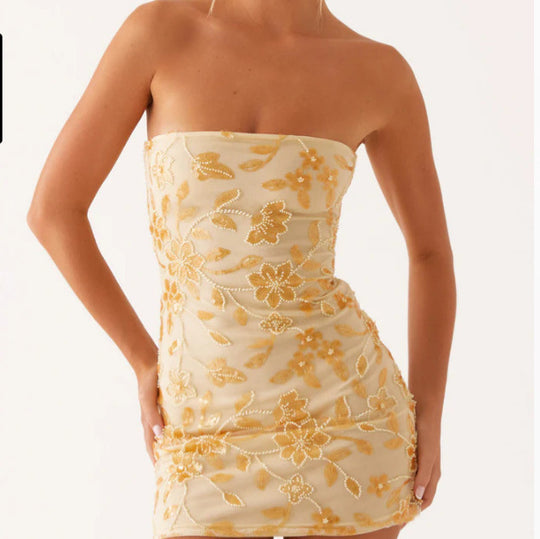 Damen Elegantes Bandeau-Minikleid mit floralem Pailletten-Design EB