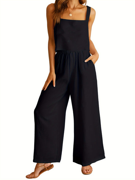Damen Luftiger Jumpsuit mit weitem Bein und verstellbarem Taillenbund EB
