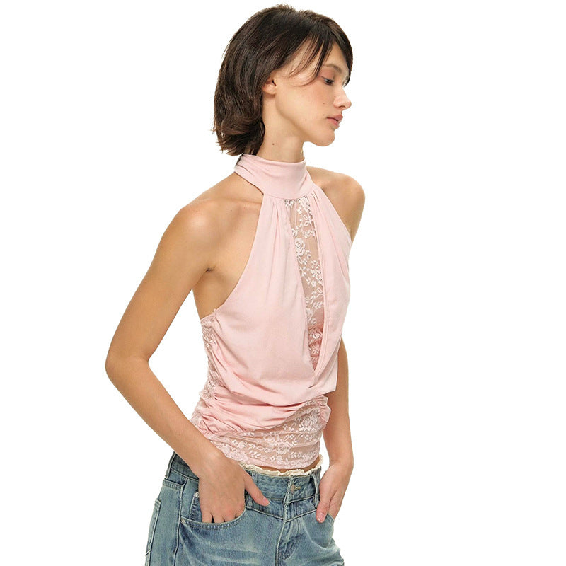 Damen elegantes Neckholder-Top mit transparenten Einsätzen und Raffung EB