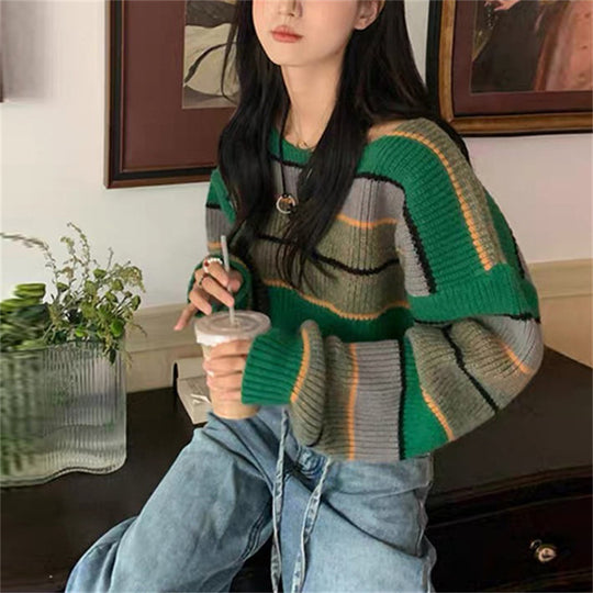 Damen Trendiger cropped Pullover im Blockstreifen-Look EB