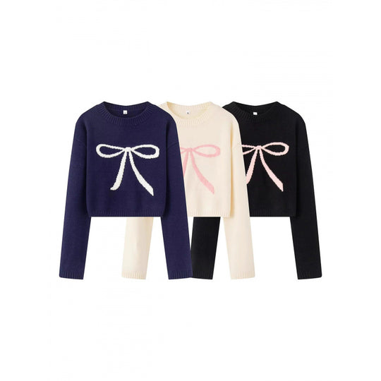 Damen Cropped Pullover mit verspieltem Schleifenmotiv EB