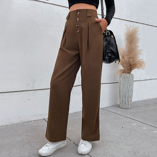 Damen weite Stoffhose mit dekorativen Knopfdetails und Faltenwurf EB