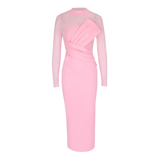 Damen Elegantes Langarm-Midi-Kleid mit raffinierter Drapierung und figurbetonter Silhouette EB