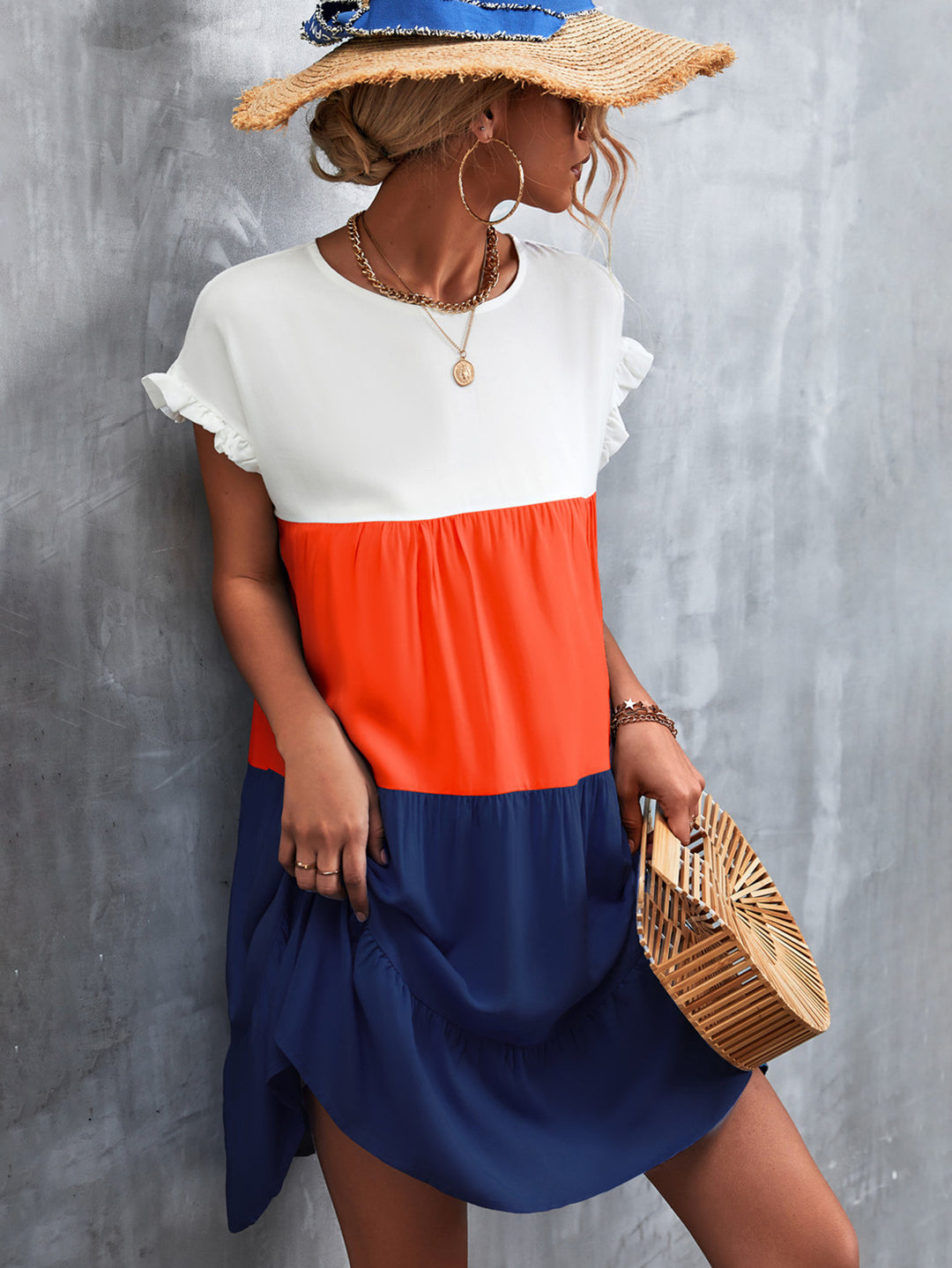 Damen lässiges Sommerkleid mit Rüschendetails und fließendem Schnitt EB