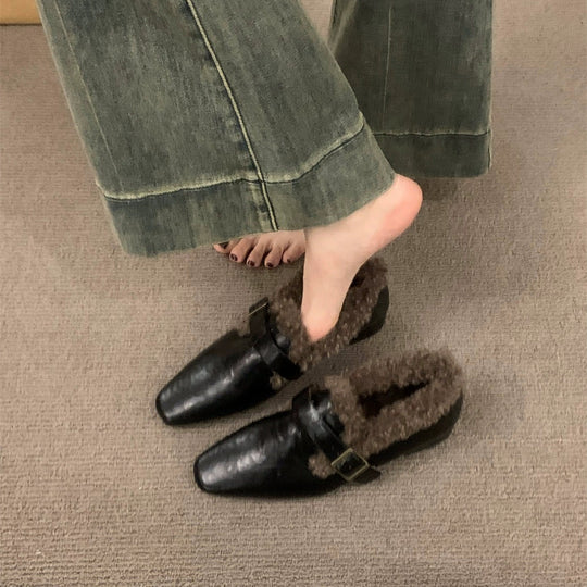 Damen Elegante Mokassins mit warmem Kunstfellkragen und modischer Schnalle EB