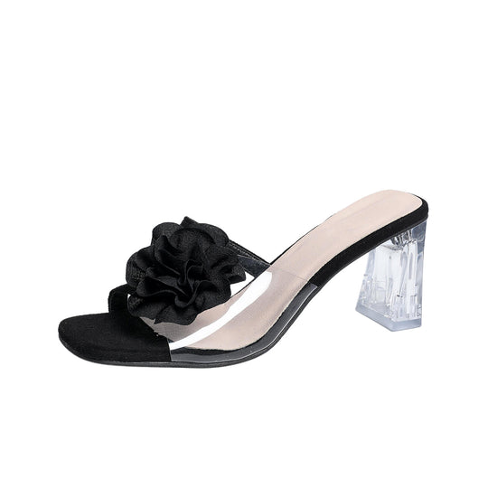 Damen Absatzsandalen mit floralen Applikationen und transparentem Blockabsatz EB