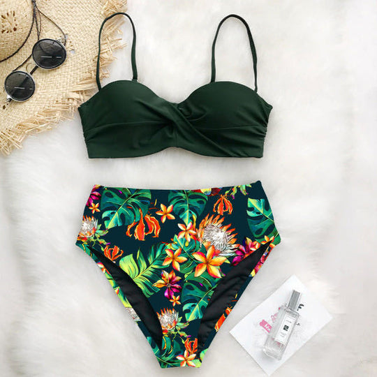 Damen Hochtailliertes Bikini-Set mit Raffungen und floralem Design EB
