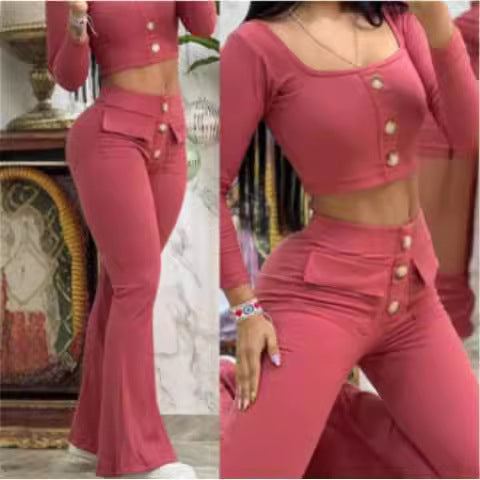 Damen modisches cropped Oberteil mit Flared-Hose und Knopfdetails EB