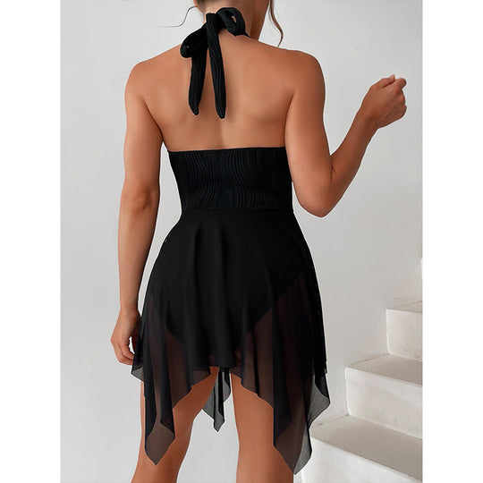 Damen Eleganter Wickel-Badeanzug mit tiefem V-Ausschnitt und Chiffonrock EB