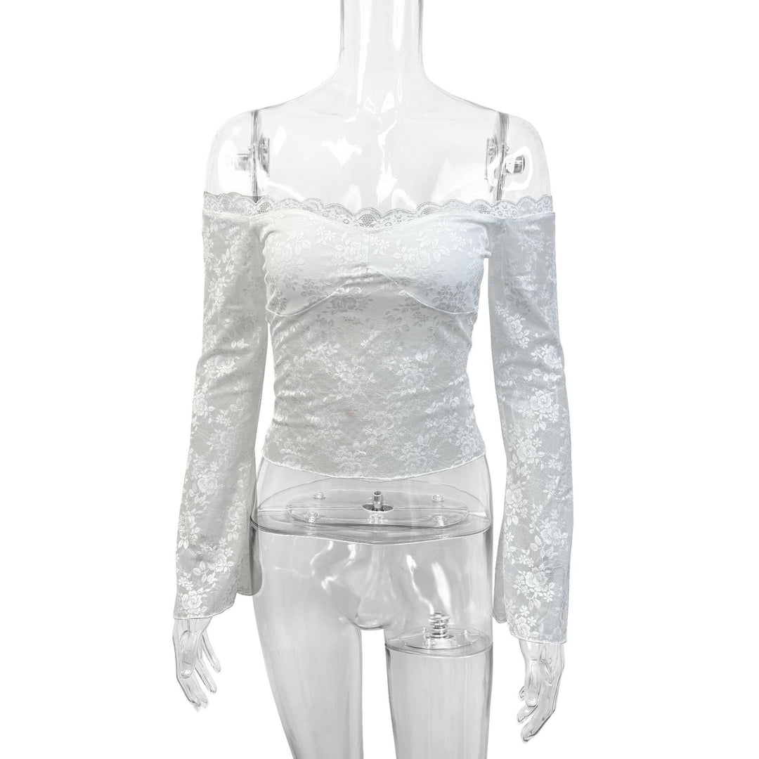 Damen Spitzenoberteil mit schulterfreiem Design und eleganten Trompetenärmeln EB