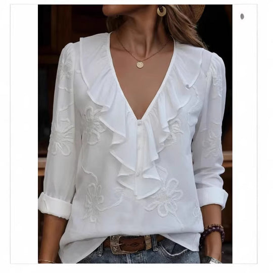 Damen elegante Bluse mit Volant und floralem Stickmuster EB