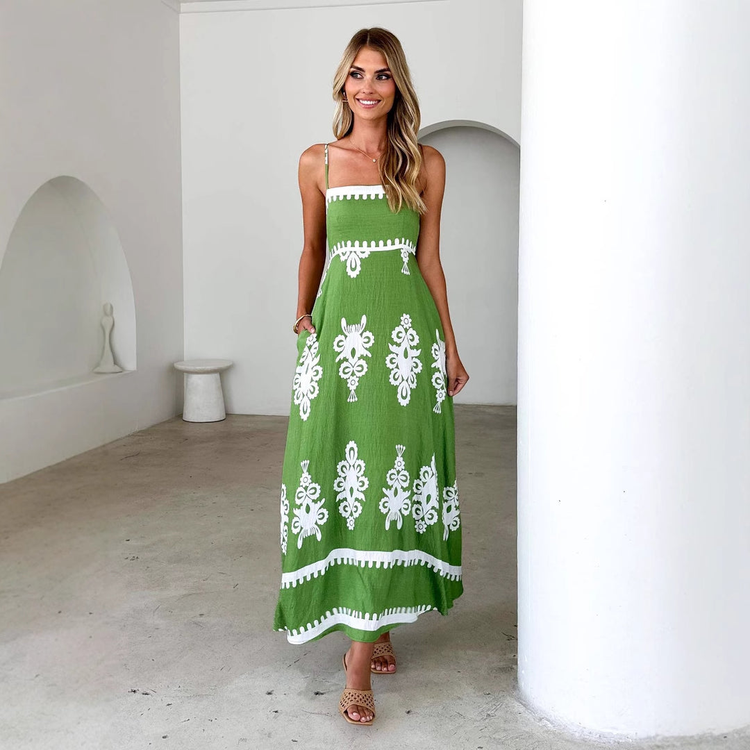 Damen Maxikleid mit floralem Muster und schwingendem Rock EB