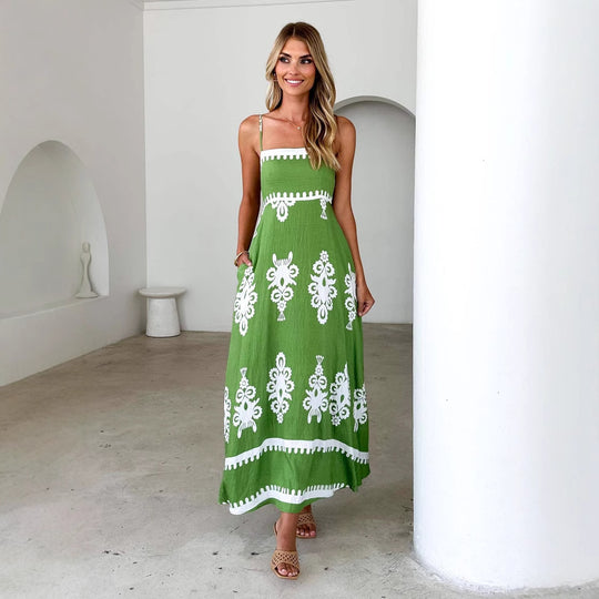 Damen Maxikleid mit floralem Muster und schwingendem Rock EB