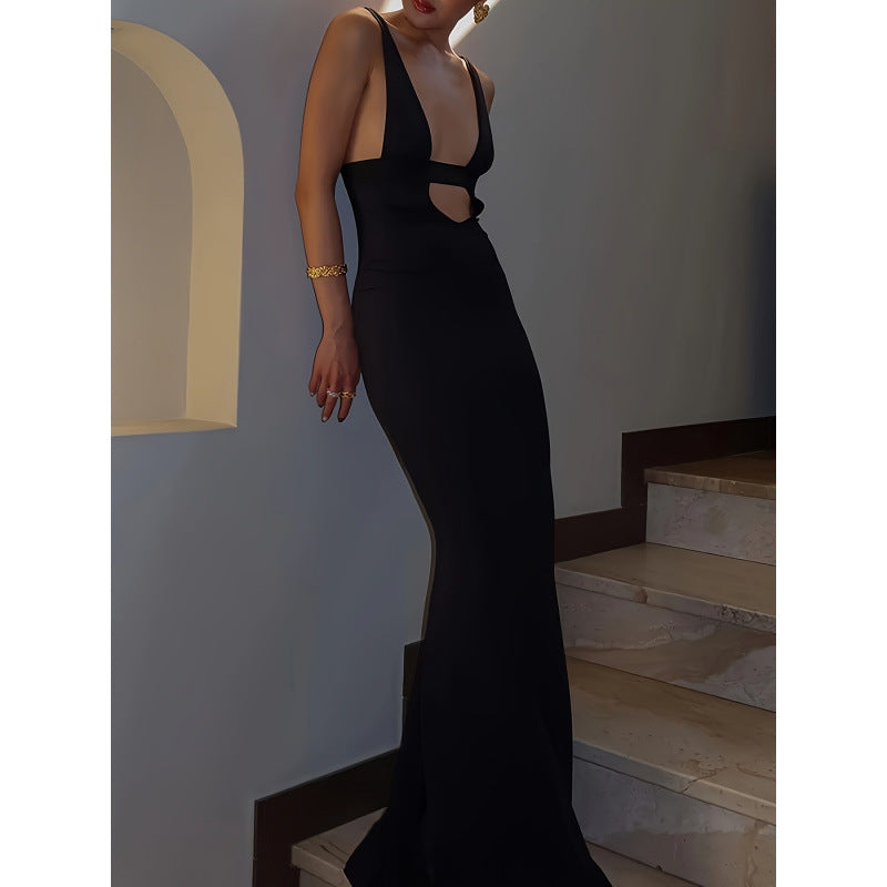 Damen figurbetontes Maxikleid mit tiefem V-Ausschnitt und elegantem Schlitz EB