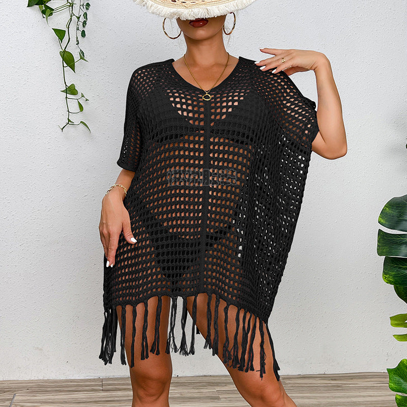 Damen Häkel-Strandtunika mit Fransen und transparentem Design EB