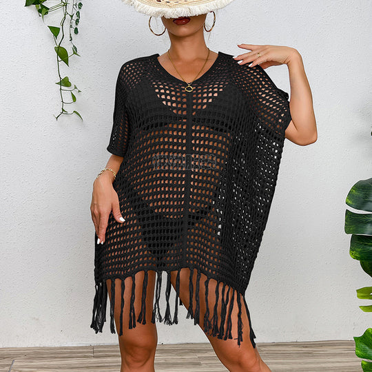 Damen Häkel-Strandtunika mit Fransen und transparentem Design EB