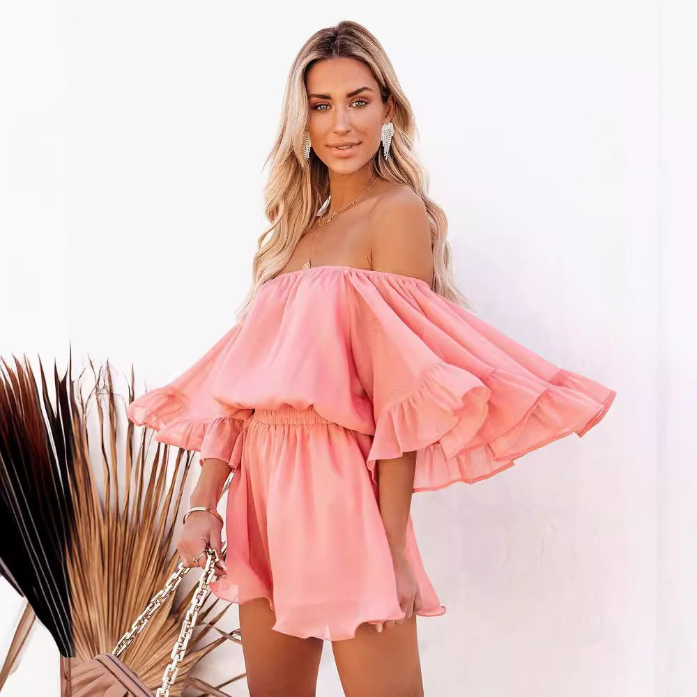 Damen Off-Shoulder Jumpsuit mit voluminösen Rüschensleeves EB