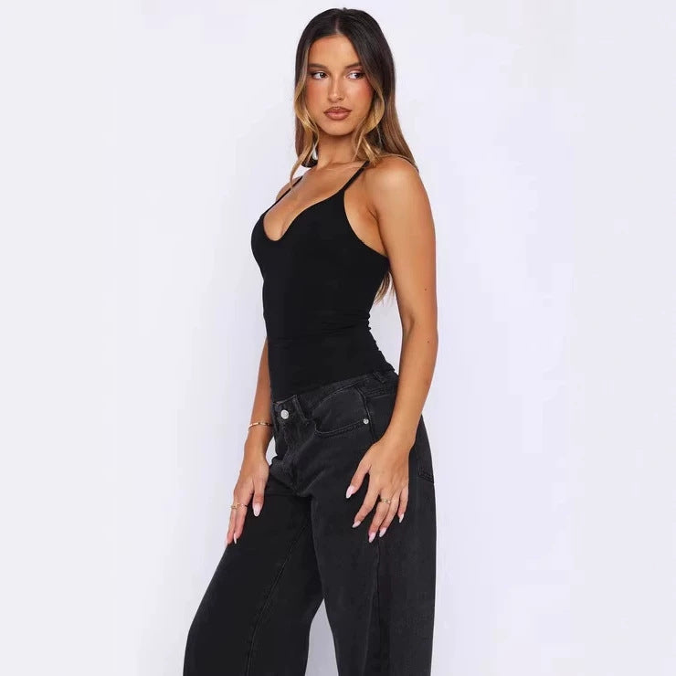 Damen Figurnahes Tanktop mit tiefem V-Ausschnitt und breiten Trägern EB