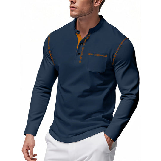 Herren nan Henley-Langarmshirt mit Stehkragen, Brusttasche und kontrastierenden Ziernähten EB