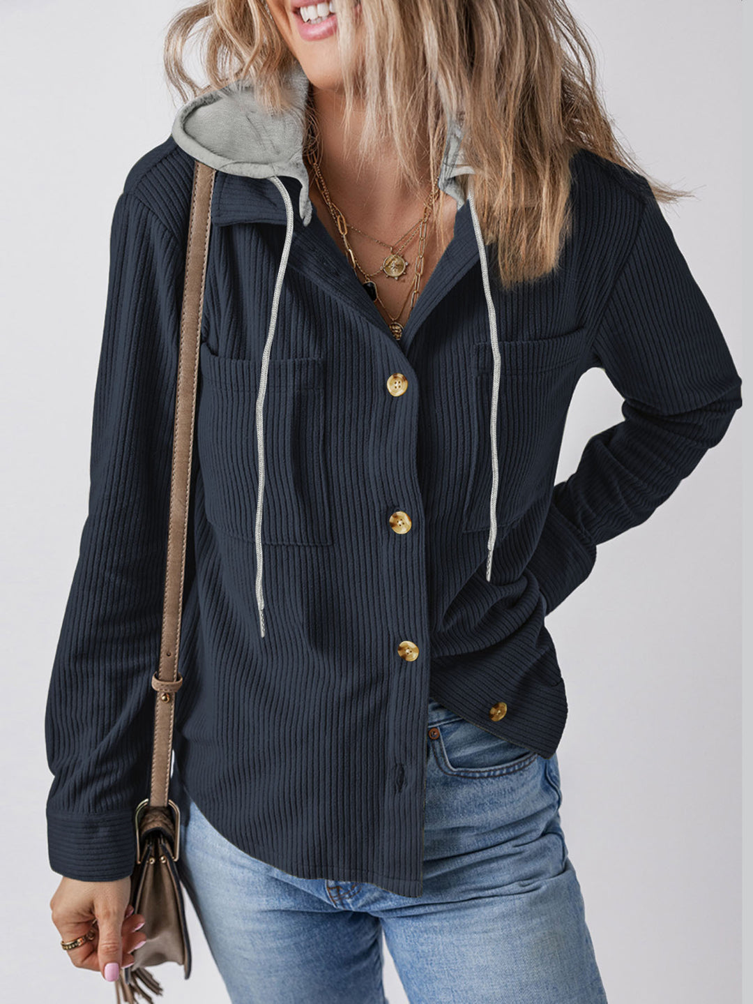 Damen Strukturierte Hemdjacke mit Kapuze und praktischen Taschen EB