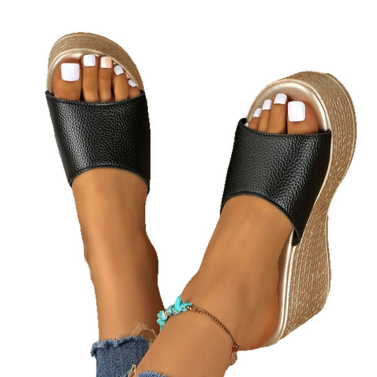 Damen modische Wedge Slides mit breitem Riemen und texturiertem Obermaterial EB