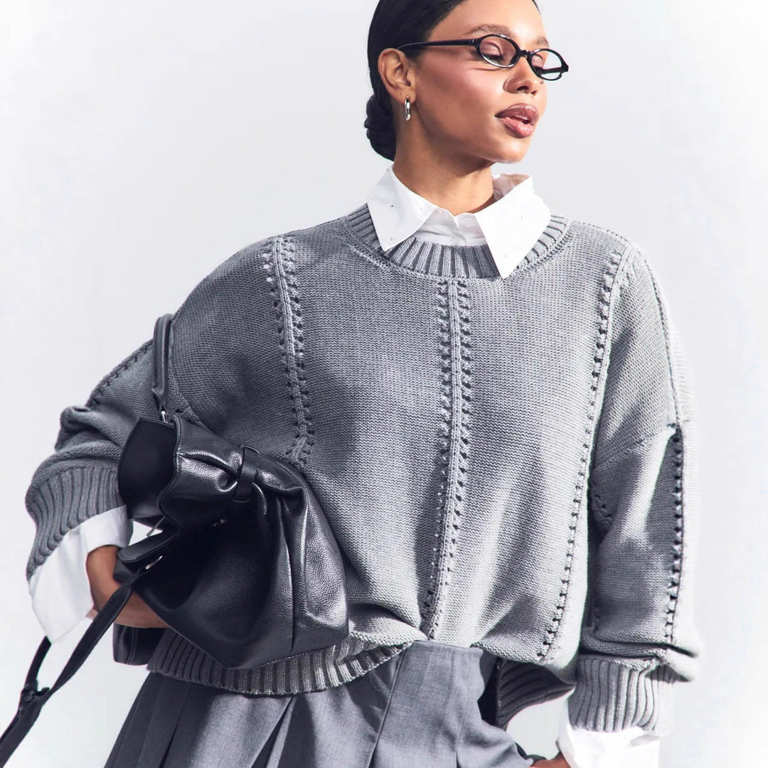 Damen lässiger Strickpullover mit strukturiertem Design und überschnittenen Schultern EB