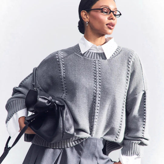Damen lässiger Strickpullover mit strukturiertem Design und überschnittenen Schultern EB