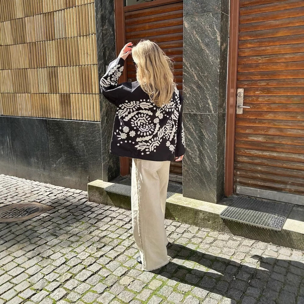 Damen Trendige Kimono-Jacke mit floralen Mustern und Taillengürtel EB