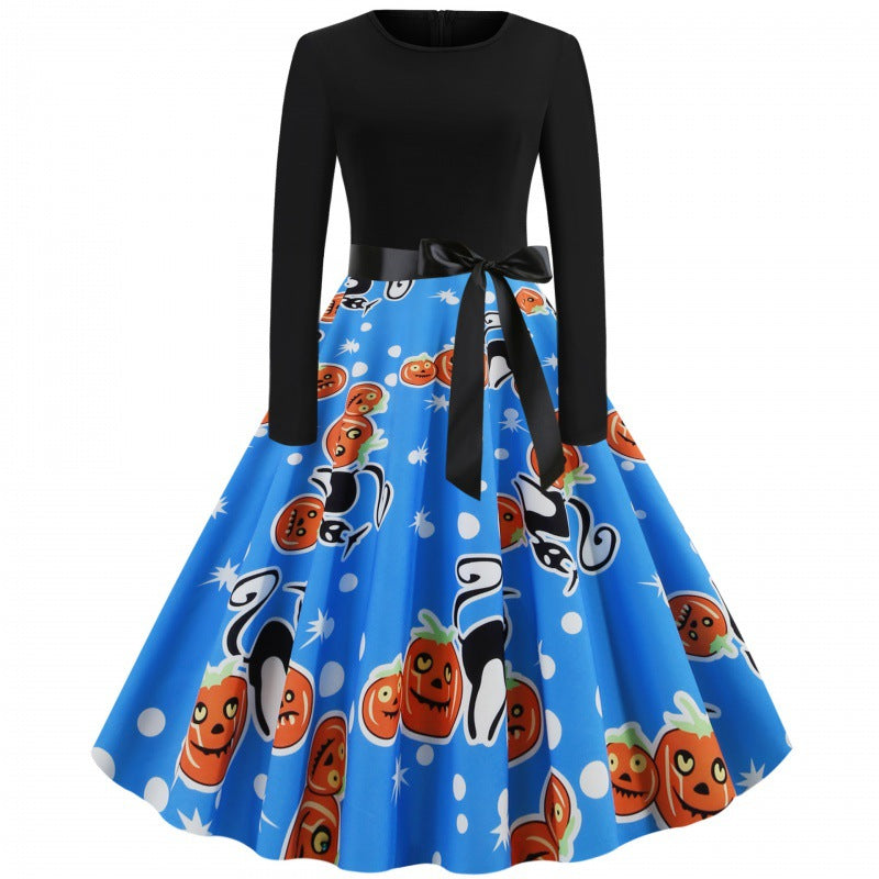 Damen Vintage Swingkleid mit Kürbisprint, langärmlig und taillierter Satinschleife EB