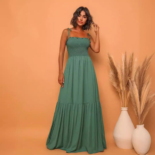 Damen luftiges Maxikleid mit Spaghetti-Trägern und Rüschendetails EB