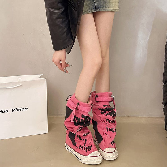 Damen Canvas-Gaiter-Boots mit integrierter Sneaker-Sohle und verstellbarem Schnallenriemen EB