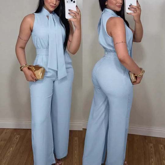 Damen eleganter Jumpsuit mit fließendem Schnitt und bindbarem Kragen EB