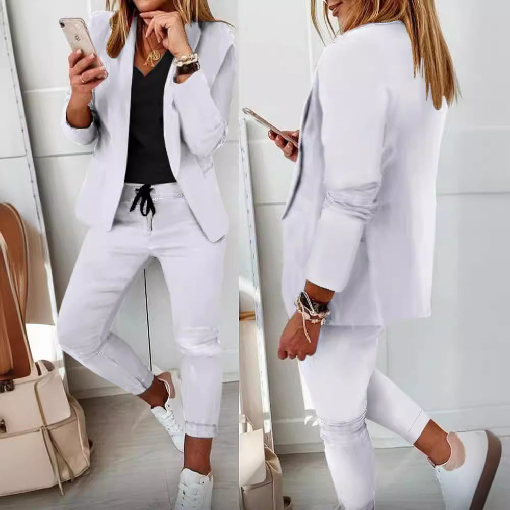 Damen nan Smart-Casual Blazer-Set mit offenem Longblazer und tapered Jogpant mit Kordelzug EB