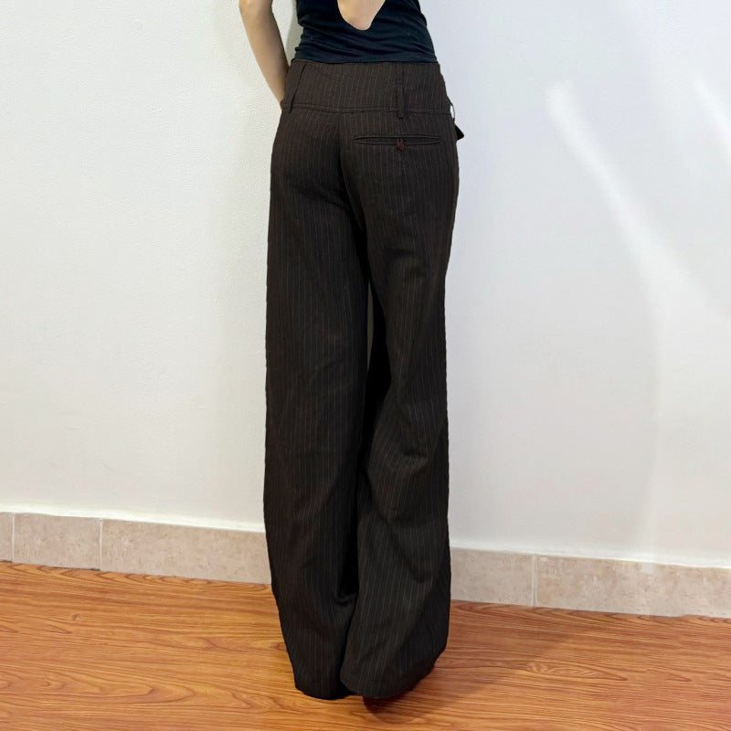 Damen Elegante weit geschnittene Streifenhose mit hoch sitzendem Bund und dekorativen Knopfdetails EB