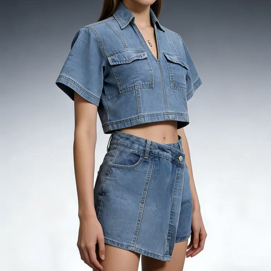 Damen modisches cropped Hemd mit aufgesetzten Taschen und lässigen Shorts EB
