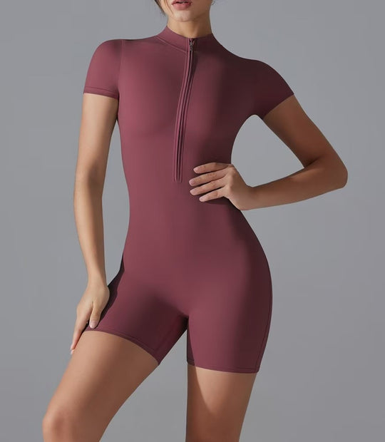 Damen Sportliche Kurzarm-Jumpsuit mit Reißverschluss EB