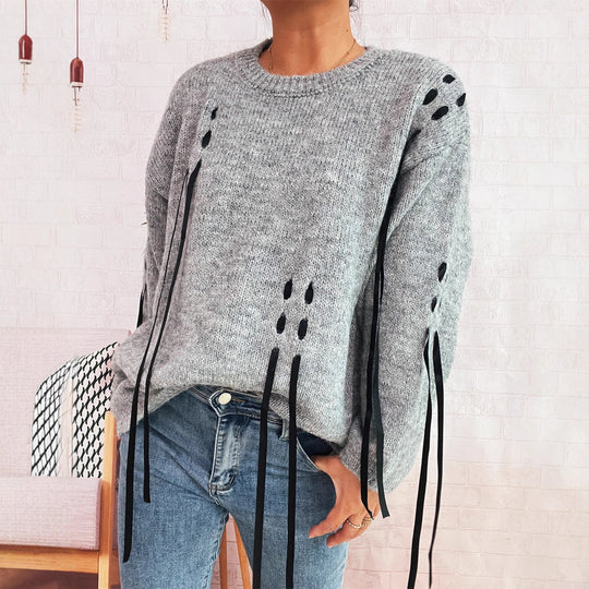 Damen modischer Oversize-Pullover mit einzigartigen Schnürdetails EB