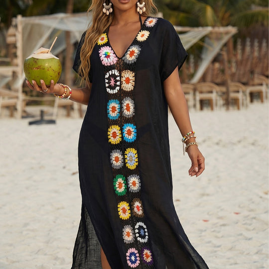 Damen Häkel-Strandkimono mit floralem Patchwork-Design EB