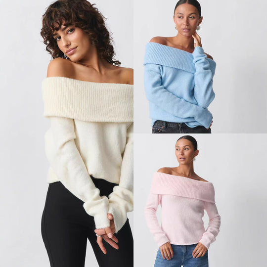 Damen nan Off-Shoulder Grobstrickpullover mit breitem Umschlagkragen und lässiger Oversize-Passform EB