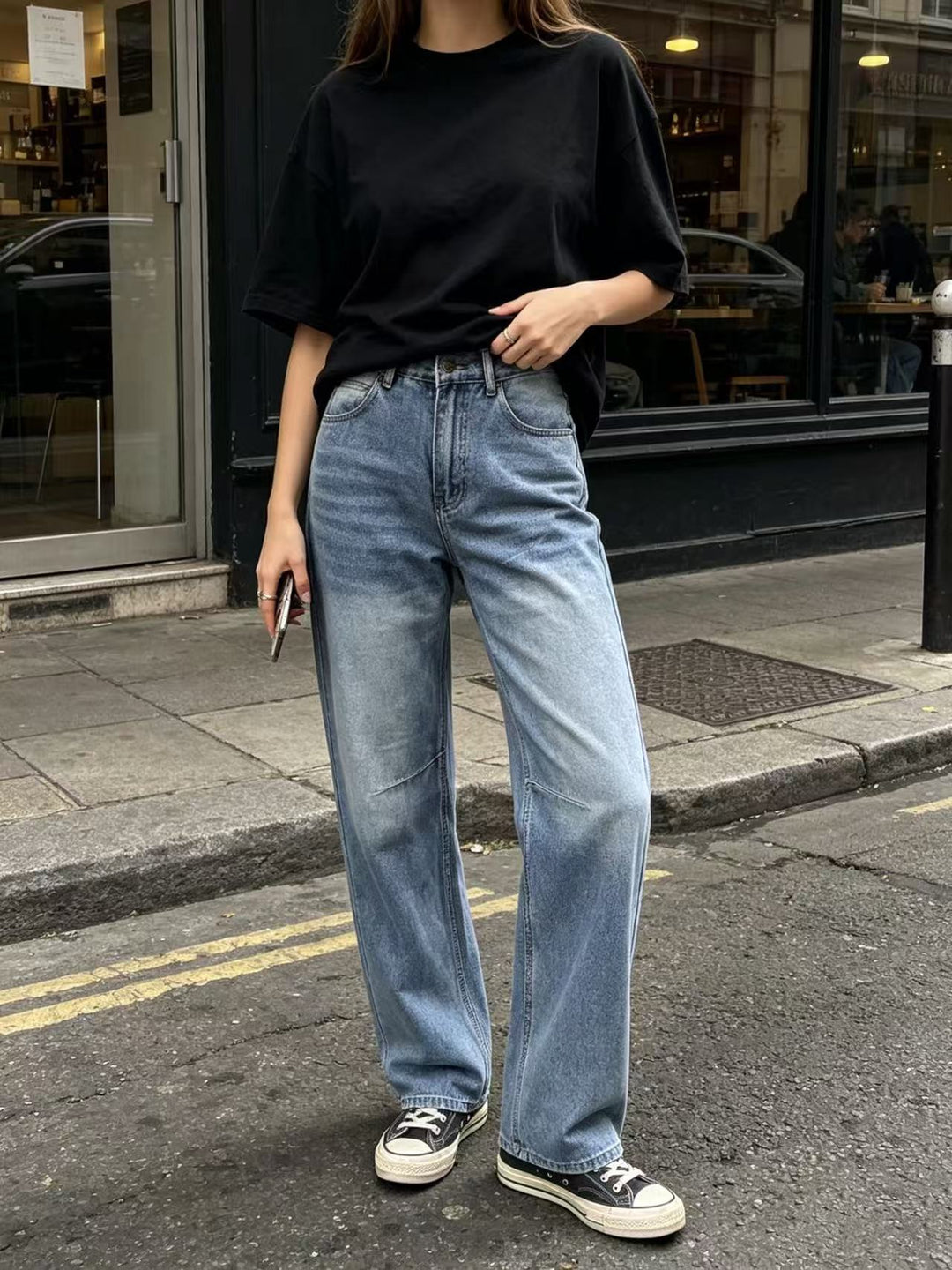 Damen nan hochgeschnittene weite Jeans mit geradem Bein, Knieabnähern und klassischem Five‑Pocket‑Schnitt EB