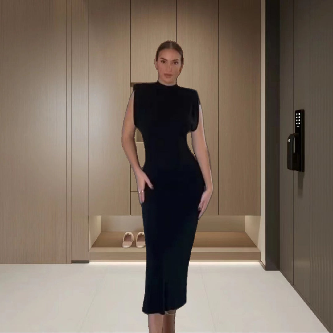 Damen Figurbetontes Maxikleid mit asymmetrischem Design und elegantem Halsschmuck EB