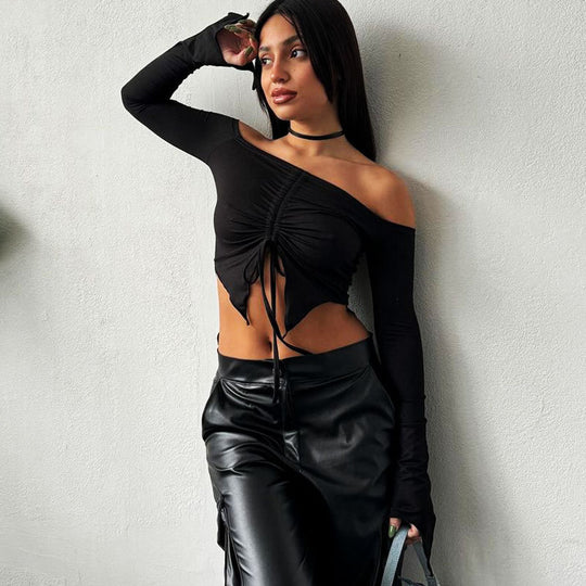 Damen Kapuzen Crop-Oberteil mit weitem Ärmel und Kordelzug EB