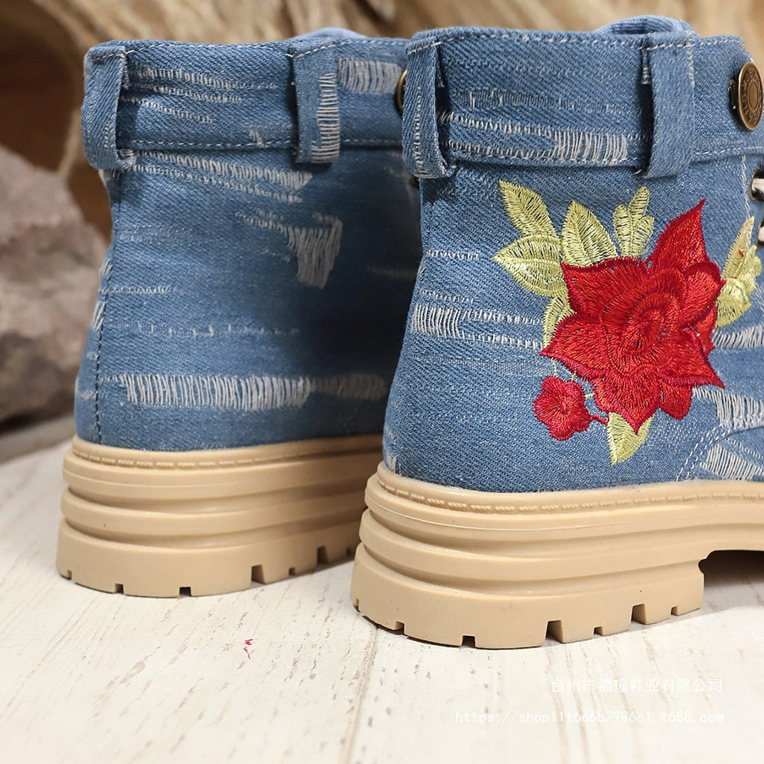 Damen Modische Schnürstiefeletten mit floralem Stickmuster und rutschfester Sohle EB