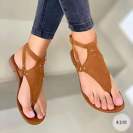 Damen T‑Riemen Sandalen mit Knöchelriemen, Veloursoptik und flacher Komfortsohle EB