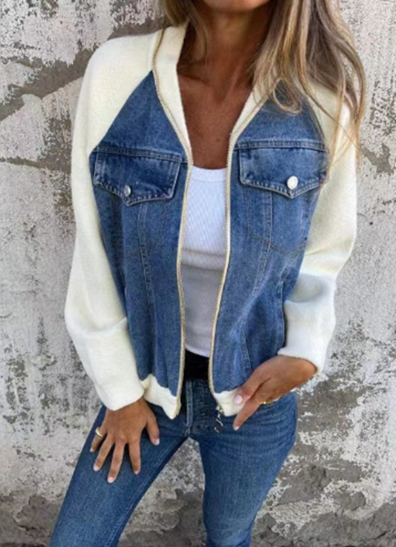 Damen lässige Sweaterjacke mit Denim-Style und Fleeceärmeln EB