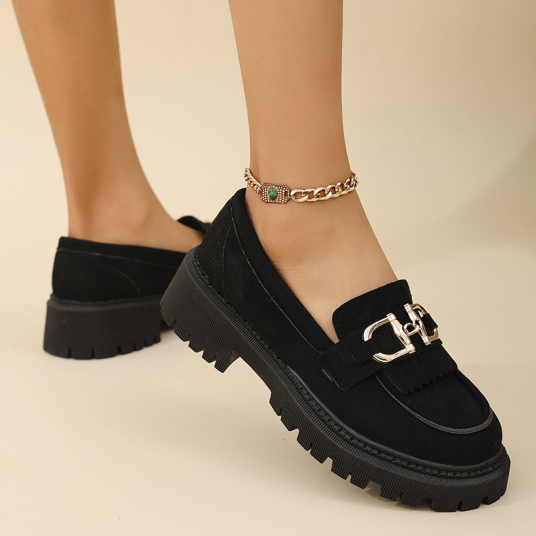 Damen Elegant verzierten Mokassins mit Blockabsatz und modischem Schnallen-Detail EB