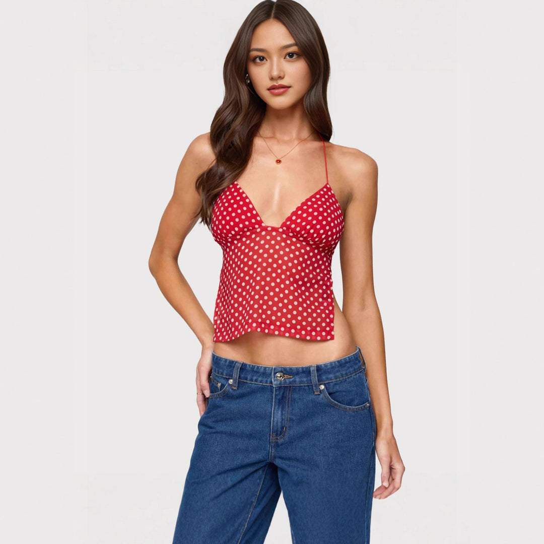 Damen Transparente Bluse mit Punktmuster und dehnten Trägern EB