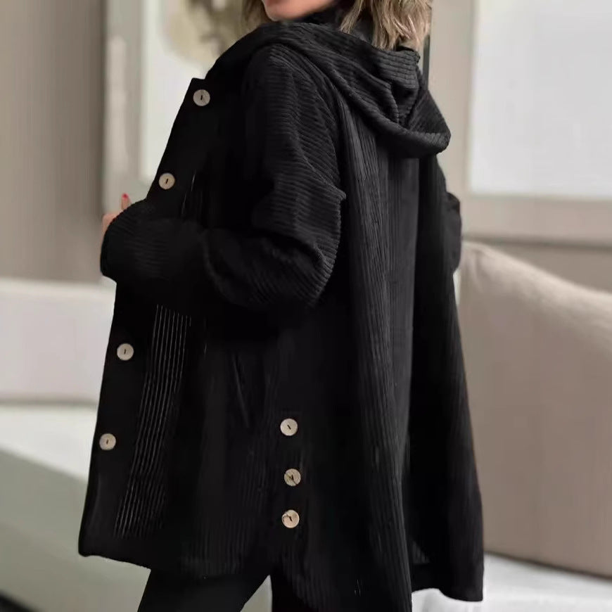 Damen Wohlfühljacke aus Cord mit Kapuze und großen Knöpfen EB