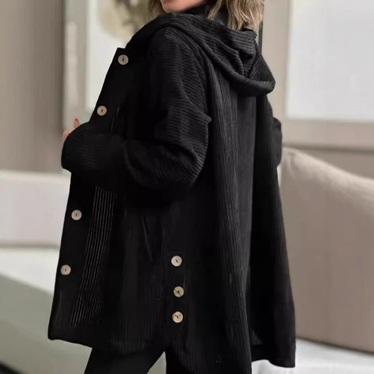 Damen Wohlfühljacke aus Cord mit Kapuze und großen Knöpfen EB